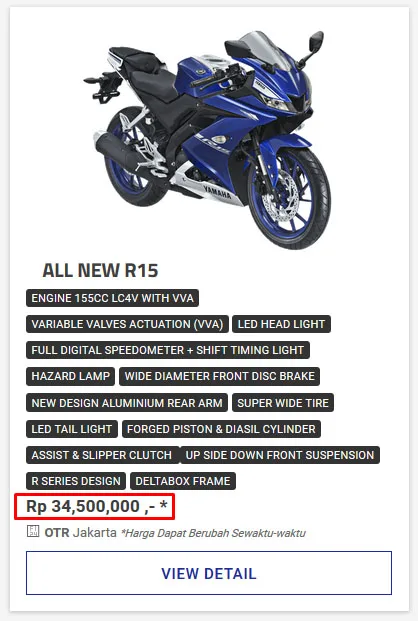 Harga All New R15 Rp 34,5 juta